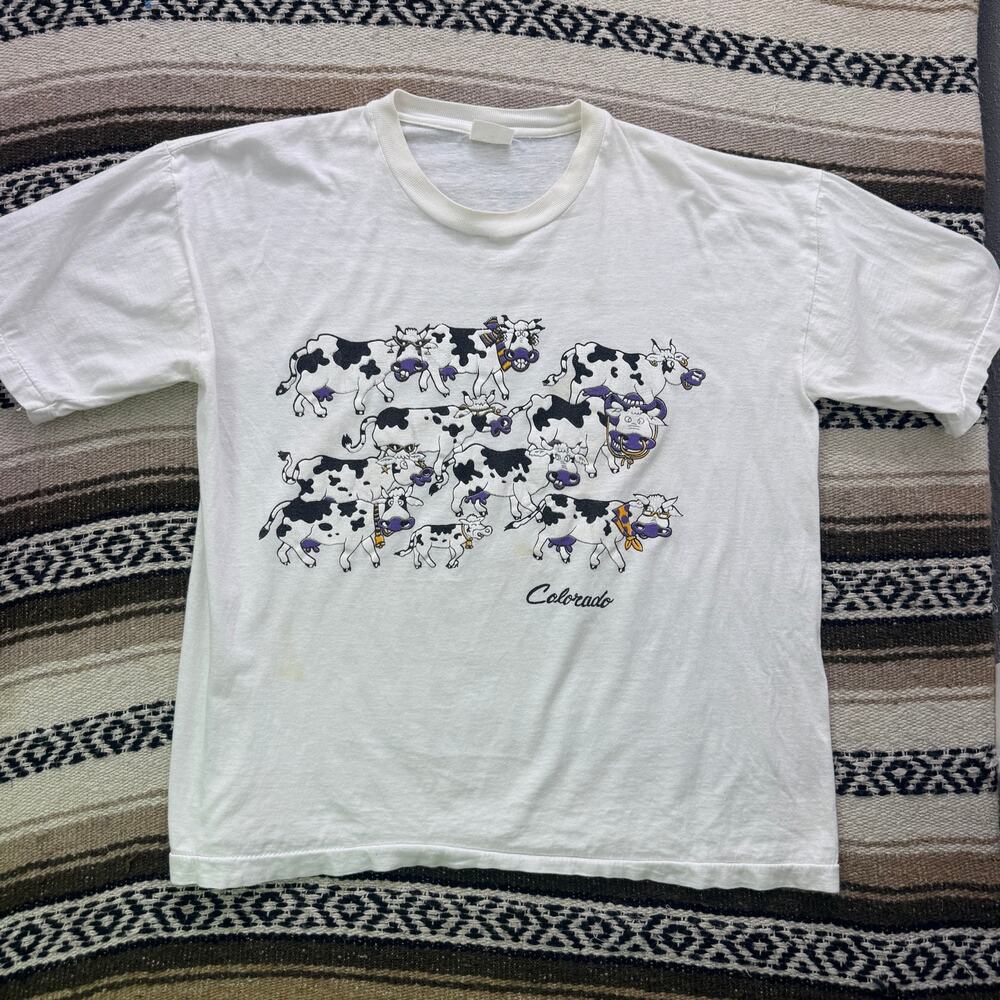 Vintage 90's Colorado Funny Farm Cow Herd White Purple Puff Print Shirt Sz Large